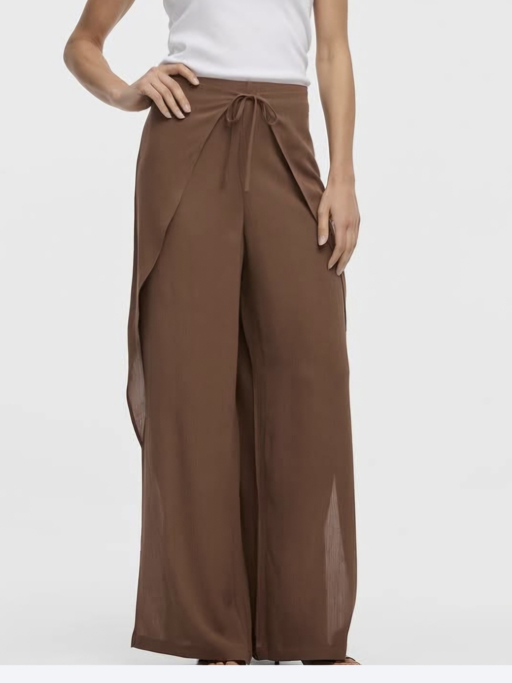 Reitmans Brown Wide-Leg Wrap Overlay Pants with Drawstring